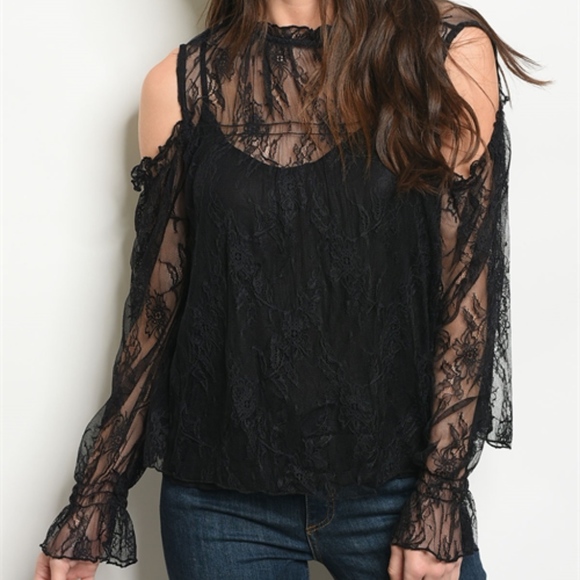 Black Lace Cold Shoulder Lace Top - Picture 3 of 4